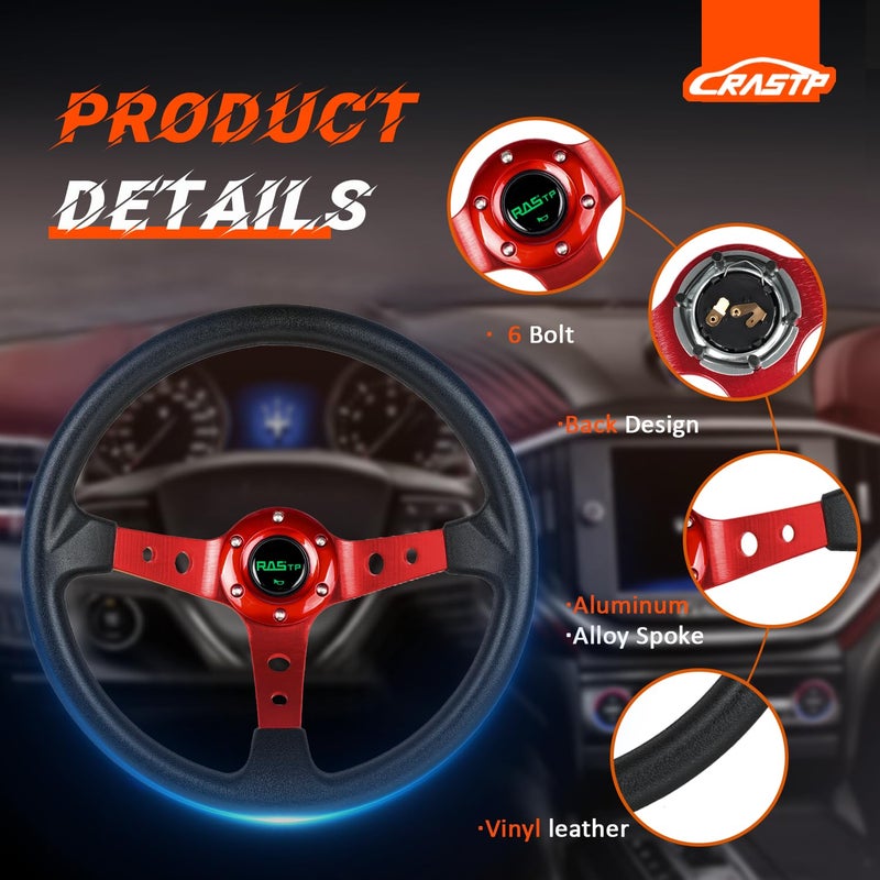 RASTP Universal Racing Steering Wheel,Drifting Deep Dish Steering Wheel 13.8â€/350mm 6 Bolts Grip Vinyl Leather & Aluminum with Horn Button for Car -Red - Image 2